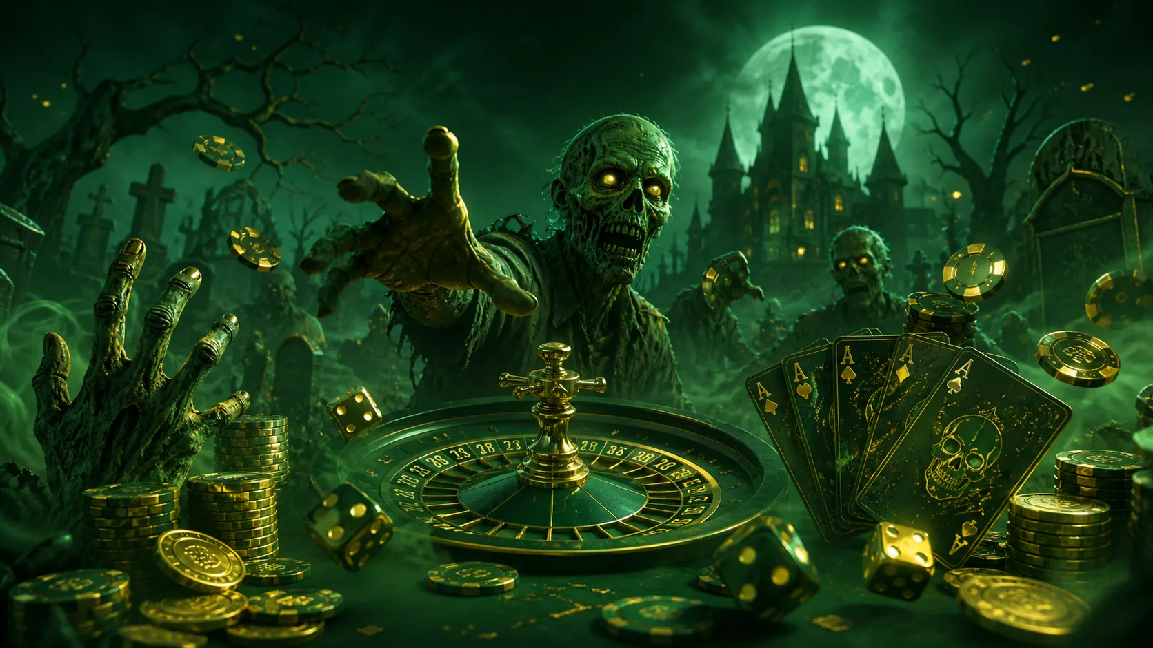 Zombie-themed casino banner with vibrant poker chips, eerie green glow, and floating playing cards in luxurious setting
